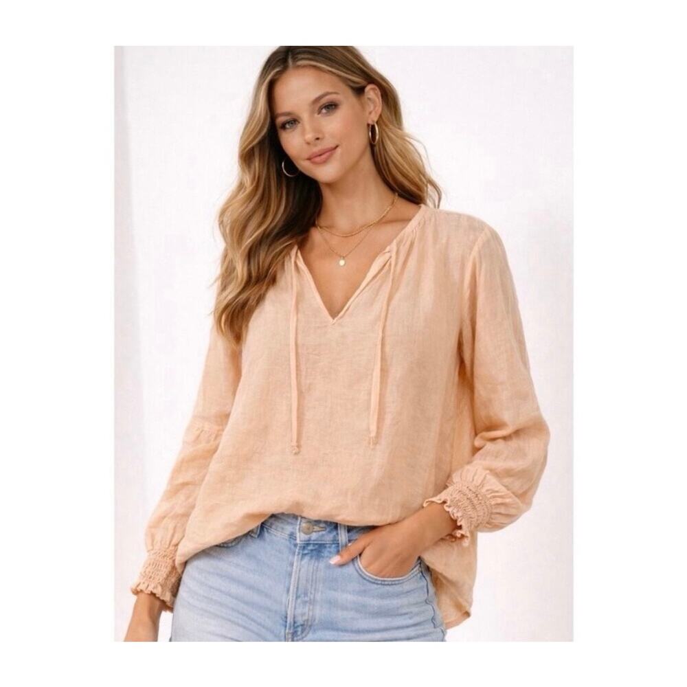 Cloth & Stone Peach Linen V-Neck Long Sleeve Peasant Blouse Flowy Boho Size XL